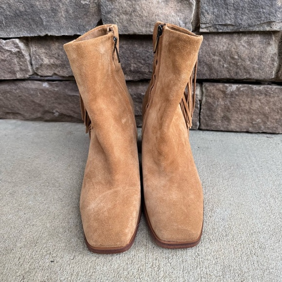 Sam Edelman Ona Fringe Boots Camel Squared Toe Suede - Picture 2 of 11